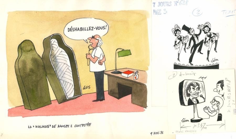 DESSINS DE PRESSE. 55 dessins ou aquarelles.
   Gus (1911-1997). 5 aquarelles signées (env. 27 x 36 cm), 1976-1987, sur la maladie de Ramsès II, les vacances, la Bourse.
   André Lebon (1918-1996). 50 dessins la plupart à l’encre de Chine, formats divers, la plupart pour Télé-7 Jours : sur les émissions télévisées, et portraits (Geza Anda, Bach, Boulez, N. Coward, M. Genevoix, Gide, Giono, A. Goléa, R. Kemp, Liszt, Maurras, Salacrou, etc.).
