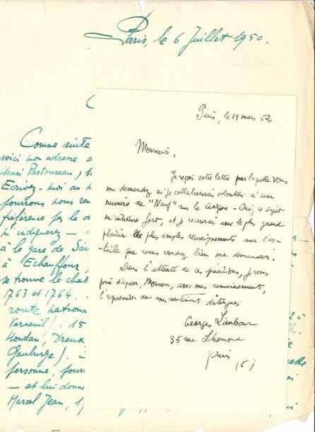DIVERS. 20 L.A.S. ou L.S., 1945-1953, [la plupart à Robert Delpire] (bords un peu effrangés à qqs lettres).
   Autour de la revue Neuf, revue artistique destinée (au départ) au corps médical, créée en 1950 par Robert Delpire, jeune étudiant en médecine, auquel le directeur de la Maison de la Médecine avait demandé de réfléchir à une publication culturelle. Lettres de peintres et d’écrivains : René Bertelé, Bill Brandt, Marc Chagall, Bernard Dorival, Pierre Dumayet, Bernard Gheerbrant, Robert Giraud, Paul Léautaud (lettre dictée), Georges Limbour, Henri Pastoureau, Jean Paulhan, Pierre Prévert (2), Raymond Queneau, Maurice Raphaël (3), Pierre Soulages.
