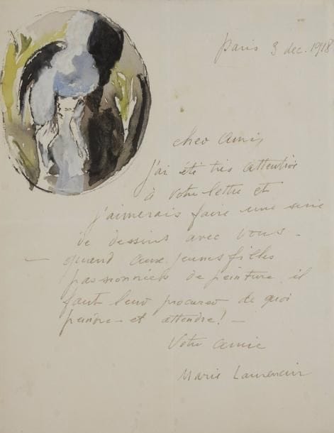 Marie LAURENCIN (1883-1956). L.A.S. avec dessin, Paris 3 décembre 1918, à un ami ; 1 page in-4 (26 x 21 cm, encadrée).
   Belle lettre illustrée.
   Elle est ornée dans le coin supérieur gauche haut d’un ravissant médaillon à l’aquarelle, représentant une jeune femme coiffée d’un chapeau bleu.
   « Cher ami, J’ai été très attentive à votre lettre et j’aimerais faire une série de dessins avec vous. – Quand aux jeunes filles passionnées de peinture, il faut leur procurer de quoi peindre et attendre ! »…
