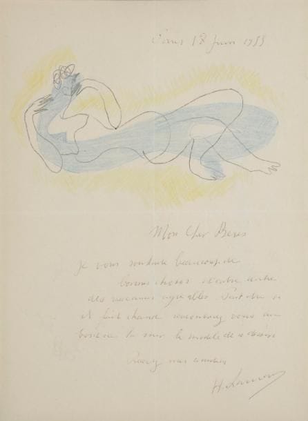 Henri LAURENS (1885-1954). L.A.S. avec dessin, Paris 18 juin 1953, à Pierre Berès ; 1 page in-4 (27 x 2 cm, encadrée, un peu passée).
   Belle lettre illustrée.
   Un grand dessin à la plume en tête de la lettre représente une femme nue allongée, rehaussée aux crayons de couleur bleu et jaune.
   Il souhaite à Berès de bonnes vacances. « Peut-être si il fait chaud rencontrerez-vous au bord de la mer le modèle de ce dessin »…
