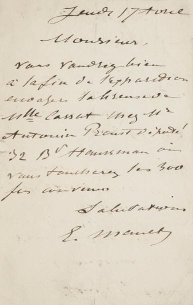 Édouard MANET (1832-1883). L.A.S., Jeudi 17 avril [1879] ; 1 page in-8 (encadrée).
   « Vous voudrez bien à la fin de l’exposition envoyer La Liseuse de Mlle Cassat chez Mr Antonin Proust député 32 Bd Haussmann où vous toucherez les 300 frs convenus »...
   [Il s’agit de la quatrième exposition des Impressionnistes, en avril 1879, au 28 avenue de l’Opéra. Mary Cassatt y exposait douze tableaux, dont sa Femme lisant, aujourd’hui au Joslyn Museum d’Omaha (Nebraska). Le critique d’art et homme politique Antonin Proust (1832-1905), ami de Manet, fut l’un des premiers acheteurs de Mary Cassatt.]
