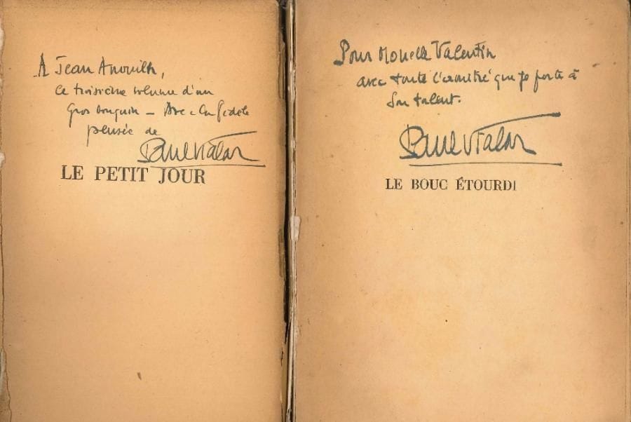 [Jean ANOUILH]. 23 livres dédicacés à Jean Anouilh (2 à Monelle Valentin) ; volumes brochés (usagés, défauts).
   Gabriel Laplane, Rachel (1947). Jean-Marie Large, Femmes admirables admirables femmes (1949). Frédéric Lefèvre, Orphée (1947). H.R. Lenormand, Déserts (1944, envoi à Anouilh et Monelle Valentin), Théâtre complet VII (1931, à Monelle Valentin). Marguerite Liberaki, Le Saint Prince (1964). Léopold Marchand, J’ai tué (1929), La Vie est si courte (1938), À quoi penses-tu ? (1940), Balthazar (1946). Mathias Morhardt, À la rencontre de William Shakespeare (1938). Georges Neveux, Théâtre I. Henri Pollès, L’Ange de chair (1934). Claude des Presles, Suite de danses (1947). Jean-Michel Renaitour, Le Théâtre à Paris IV (1961). Pierre Schaeffer, Tobie (1939). Philippe Soupault, Le Grand Homme (1947). Henri Troyat, Le Sac et la Cendre (1948), La Case de l’oncle Sam (1948). Paul Vialar, Une ombre (1946), Le Bal des sauvages (1946), Le Petit Jour (1947), Le Bouc étourdi (1949, à Monelle Valentin).
   On joint : Jean Anouilh, L’Invitation au château, illustrations par André Barsacq (La Table Ronde, 1948, débroché), avec envoi à sa fille : « A ma chère Catherine qui veut absolument des dédicaces, comme les autres dames – en attendant les vraies invitations dans les vrais châteaux pour bientôt “papillon” dit Jean Anouilh ».
