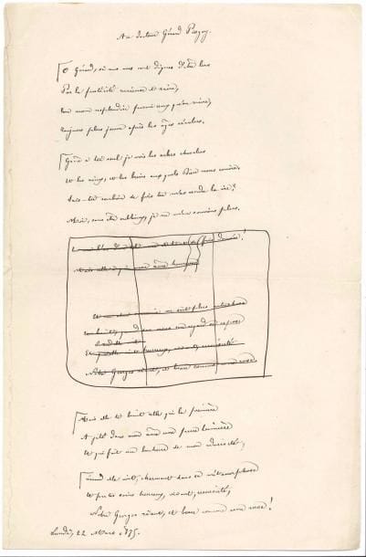 Théodore de BANVILLE. Poème autographe, Au docteur Gérard Piogey, Lundi 22 mars 1875 ; 1 page in-fol.
   Amusant sonnet à la gloire de son ami et médecin le célèbre docteur Piogey, recueilli dans les Rimes dorées des Poésies complètes (Charpentier, 1878). 7 vers ont été biffés au milieu du poème :
 « Ô Gérard, si mes vers sont dignes d’être lus
Par la postérité curieuse et ravie,
Ton nom resplendira parmi ceux qu’on envie,
Toujours plus jeune après les âges révolus. [...]
Sais-tu combien de fois tu m’as rendu la vie ?
Moi, sans être oublieux, je ne m’en souviens plus »...
   [Gérard Piogey était le médecin de Banville et Charles Baudelaire. Ce dernier lui offrit un exemplaire sur chine des Paradis artificiels (Correspondance, éd. Cl. Pichois, t. II, p. 56), et Sainte-Beuve dans une lettre à Baudelaire du 15 fév. 1866 le qualifie de « véritable médecin d’hommes de lettres ». Banville lui écrira une des ses Lettres chimériques (Charpentier, 1885), intitulée La Médecine.] Ancienne collection Daniel Sickles [XIX, 8134].

