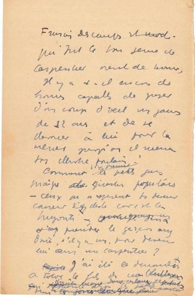 Jean ANOUILH. Manuscrit en partie autographe sur François Descamps, [février 1934] ; 22 pages et demie in-4 (dont 3 pages et demie entièrement autographes) au dos de musiques imprimées.
   Hommage au boxeur François Descamps (1875-1934, entraîneur et manager du champion de boxe anglaise, Georges Carpentier). Les premières et dernières pages sont entièrement de la main d’Anouilh ; le reste est de la main de sa compagne Monelle Valentin.
    « François Descamps, qui fut le bon génie de Carpentier vient de mourir. Il y a-t-il encore des hommes capables de juger d’un coup d’œil un garçon de 12 ans et de se donner à lui pour le mener jusqu’où il mena son illustre poulain ? »… Il a été le demander à Totor, un espoir il y a quatre ou cinq ans, avant son service militaire. « Il cognait à en ébranler les plus durs, les salles de sa banlieue le voyaient déjà champion, on avait été le montrer à Carpentier ; à peine sorti de l’armée il fallait qu’il s’y mette, car tous les entraîneurs de la région voulaient avoir eu leur part à la formation de la future gloire. Ça a duré jusqu’au point où il s’est mis à trimer. Maintenant il ne peut plus rien faire. Mais […] des ricanements des jurons de Toto j’ai appris comment un petit gars pauvre s’y prend, quand il a la foi »… Monelle Valentin retranscrit les propos de Toto… Anouilh reprend la plume pour conclure : « Demain matin à l’usine, les copains fielleux et plats vont le gonfler – jusqu’au moment où le contremaître arrivera pour lui gueuler […] Ton contremaître – même si l’on mange du foie de veau cru 4 fois par semaine même si on a un pare-dents en caoutchouc – on ne le descend pas »…
