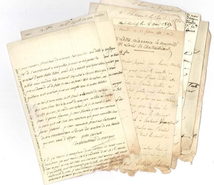 Famille de CHATEAUBRIAND. 98 lettres, la plupart L.A.S., 1810-1827, à l’avocat Jean-Baptiste Lesueur (fortes mouillures avec des manques au bas des lettres).
   Correspondance d’affaires avec l’homme de loi d’Hervé de Tocqueville, oncle maternel et tuteur des neveux de Chateaubriand, Louis et Christian de Chateaubriand (fils de son frère aîné Jean-Baptiste-Auguste, guillotiné en 1794), et à ce titre en relations d’affaires avec l’écrivain et sa famille, pour des questions évoquées ici de donations, successions, transferts de fonds, termes dus, questions de budget personnel, envois de documents, etc.
   Marie-Anne de Chateaubriand, comtesse de Marigny, sœur de François-René de Chateaubriand (3). Louis, comte de Chateaubriand, neveu de l’écrivain (48, 1811-1827, dont la première marque sa majorité). Zélie d’Orglandes, comtesse de Chateaubriand, femme de Louis (10, 1815-1827). Nicolas-François comte d’Orglandes, pair de France, père de la précédente (2, 1814-1825). Christian de Chateaubriand, frère de Louis (33, 1810-1823). Louise Le Peletier de Rosanbeau, comtesse de Tocqueville, femme d’Hervé (1, 1814). Pierre Marin Rouph de Varicourt, évêque d’Orléans (à propos d’une donation de Christian à son séminaire, 1822).
