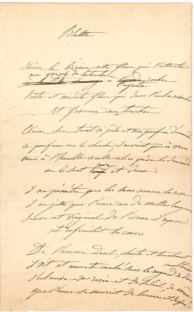 Louise COLET (1810-1876) femme de lettres, maîtresse (entre autres) de Flaubert. Poème autographe signé, Bluette ; 1 page et demie in-8.
   Ce joli poème floral de 6 quatrains, publié en 1839 dans son recueil Penserosa sous le titre Le Liseron, est une ode à cette fleur odorante, pure et modeste, qu’elle compare à l’amour :
 « Aimer le liseron, cette fleur qui s’attache
Au gazon de la tombe à l’agreste rocher
Triste et modeste fleur qui dans l’ombre se cache
Et frissonne au toucher »…
   Le manuscrit présente quelques ratures et corrections. De la signature « Louise Colet née Révoil », elle a biffé les deux noms de famille pour ne garder que le prénom.
