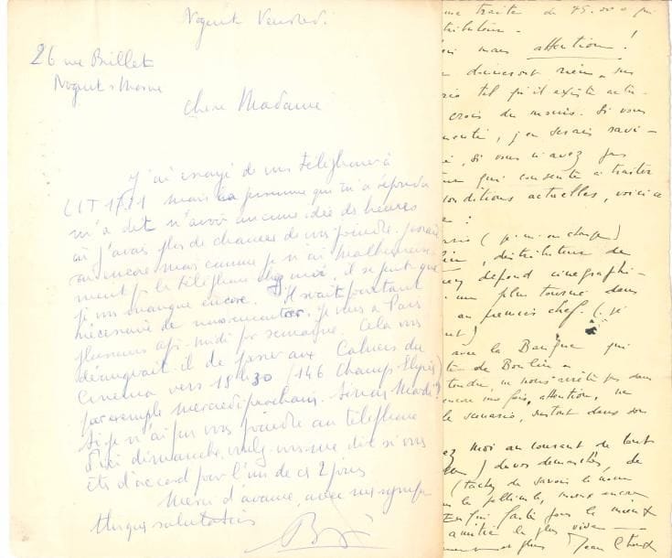 CINÉMA. 8 L.A.S. [à Marguerite Steinlen].
  André Bazin (3) : 1955, au sujet de la préparation d’une émission radiophonique sur Jean Renoir. Jean Choux (2) : 1934, au sujet du financement d’un film, de la recherche d’un distributeur, les appointements comme décorateur et comme assistant ; plus 3 lettres de Thérèse Jean Choux sur le même sujet.