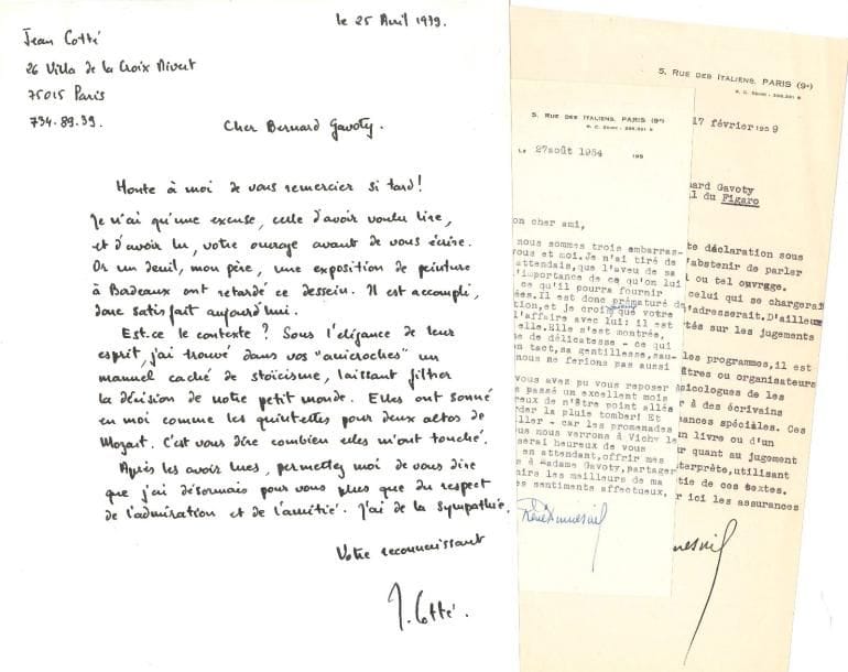 [Bernard GAVOTY (1908-1981) organiste et critique musical]. 15 lettres à lui adressées, la plupart L.A.S., 1954-1976 et s.d.
  Mlle M. Blairval (2, professeur de piano de Gavoty), Gabriel Bouillon, Hélène de Charme (secrétaire de Reynaldo Hahn, 3), Jean Cotté, René Dumesnil (2), Clarita de Forceville (nièce de Reynaldo Hahn, 3), Monique de La Bruchollerie, Lily Laskine et Roland Charmy, Nela Arthur Rubinstein. Plus une lettre de condoléances de Marie Boutet de Monvel à Mme Gavoty.
  On joint 10 lettres ou pièces diverses, la plupart L.A.S. : Julia Bartet (carte de visite), Léon Bonnat (à Mme Félix-Lucas), Louis Gallet (1896, à Henri Büsser), comte d’Haussonville (1901, à M. de Fréchencourt), Ernest Hébert (1895, à H. Büsser), Mathilde Marchesi (1895, à Mme Foulon de Vaulx), cardinal Mariano Rampolla (1895, à Léonel de la Tourrasse), Henri Sauguet (1984, à propos de Roger-Ducasse), Sylvie Vartan (photo dédicacée), Maurice Vaucaire (sur un projet de livret). Plus 2 circulaires en fac-simile du comte de Chambord.
