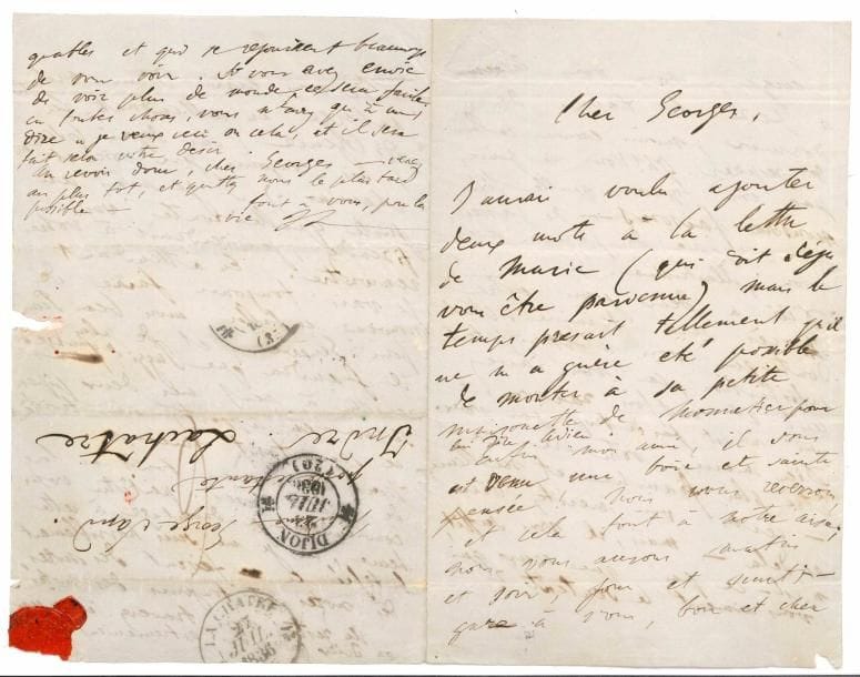Franz LISZT (1811-1886). L.A.S. « FL », [Dijon 23 juillet 1836], à George Sand à La Châtre ; 3 pages et demie in-8, adresse avec cachets postaux et cachet de cire rouge (brisé).
  Très belle lettre amicale, sur leur projet de voyage en Suisse. [Liszt vient de quitter quelques jours Marie d’Agoult, restée au Monnetier près de Genève, pour aller donner un concert à Dijon ; George Sand, qui signe le 29 juillet un traité réglant sa séparation d’avec son mari avec la garde de ses enfants, partira fin août avec son fils et sa fille rejoindre Liszt et Marie pour un séjour en Suisse et une excursion à Chamonix.]
  Liszt souhaitait ajouter deux mots à la lettre de Marie [d’Agoult], mais le temps lui a manqué : « il ne m’a guère été possible de monter à sa petite maisonnette de Monnetier pour lui dire adieu. Enfin mon amie, il vous est venu une bonne et sainte pensée ! Nous vous reverrons, et cela tout à notre aise, nous vous aurons matin et soir, jour et nuit ; – gare à vous, bon et cher George, nous vous laisserons à peine le temps de dormis, moins encore celui de respirer. Oh ! Vous ne pouvez pas vous figurer quelle fête nous nous faisons – de passer une quinzaine de jours avec vous, illustrissima ».
  Le procès de George va bientôt se termines : « Nul doute que vous n’obteniez toute satisfaction, car vous avez cent et cent fois raison, ce qui n’est pas de trop pour vous. Dieu merci, votre vie va être plus franche et meilleure ; – certes vous méritez bien au delà »… Il lui écrit « d’une méchante auberge en attendant la diligence (car depuis 6 semaines je suis toujours par voies et chemins) ». S’il connaissait son itinéraire, il irait à sa rencontre. Il va en attendant « faire de nouveau emballer mon beau piano pour Genève ». Puzzi va faire réparer ses deux pipes : « Si vous en apportez une troisième ce sera tant mieux. Nous recauserons tout au long de mille choses ; peut-être vous conviendrai-je davantage à cette heure, car je me suis horriblement betifié en faisa
