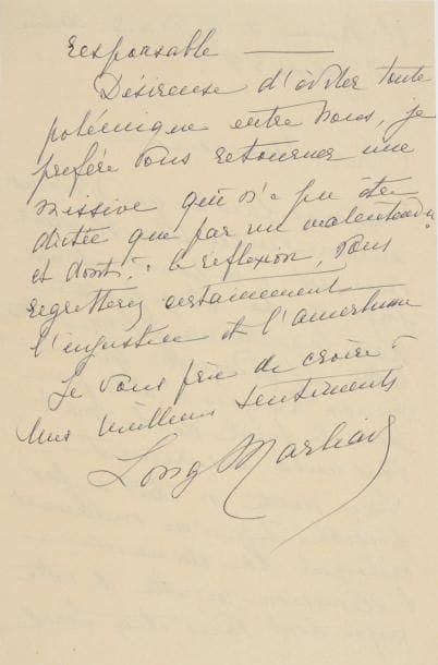Marguerite LONG (1874-1966) pianiste et pédagogue. L.A.S., 5 juin 1955, [à Bernard Gavoty] ; 2 pages in?8.
  Différend après une émission de télévision de Gavoty avec Samson François, en réponse à une lettre de Gavoty (l.a.s. de Bernard Gavoty jointe, 3 juin 1955 : il a été surpris par sa brusque interpellation dans la loge de Samson François, « à propos de notre séance de télévision – et que la seule chose que vous ayez trouvé à m’en dire était “que j’aurais bien pu me taire pour permettre à Samson de jouer le finale de la Sonate”. Cette agressivité si profondément inutile m’étonne, connaissant comme chacun votre légendaire prudence »….). Elle s’explique et dissipe ce malentendu : ses paroles n’avaient aucune intention blessante, et sa lettre la stupéfait : « J’ai regretté que Samson François n’ait pu jouer le final de la Sonate, vous aussi assurément. Sans doute n’était-ce pas possible et je n’ai nullement critiqué la durée de l’émission ni celle de votre propos ». Elle désire éviter toute polémique entre eux et lui retourne sa lettre, dont il regrettera certainement l’injustice et l’amertume… 
  On joint une L.A.S. de la compositrice Adrienne Clostre (1921-2006), 20 mai 1976, à Georges Léon, évoquant le « merveilleux petit pianiste américain Jay Gottlieb »…