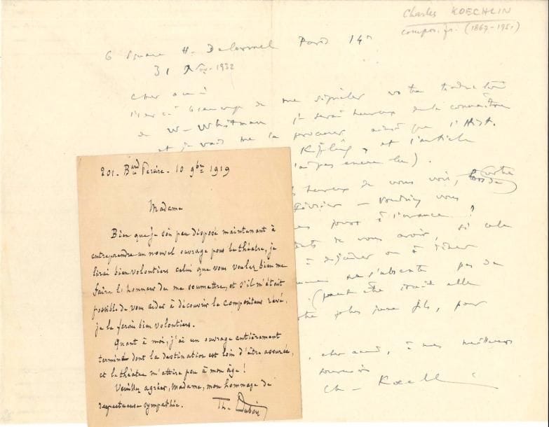 MUSIQUE. 12 L.A.S., et 1 P.A.S. musicale, 1892-1952.
  René de Castéra (2 à Jean Farger, à propos d’un texte commandé à Samazeuilh), Théodore Dubois (déclinant d’entreprendre un nouvel ouvrage pour le théâtre), Henry Février (évoquant son travail à un hôpital militaire pendant la Guerre), Marc Fontenoy (déclinant de mettre en musique un second poème de René d’Helbingue), Louis Ganne (recommandations à Marguerite Monnot pour un programme), Jean Gaudefroy-Demombynes (sur l’« appareil radio-acoustique » de l’avenir), Benjamin Godard (à Ch. Bannelier, demandant des partitions), Jacques Ibert (à Mme Carlos-Reymond), Charles Koechlin (à Louis Fabulet, sur ses traductions de Whitman et Kipling), Henri Rabaud (p.a.s. musicale pour un album), Ernest Reyer (à Geneviève Straus), Tiarko Richepin (regrettant de ne pouvoir écrire sur son grand maître Massenet).
  On joint un mémoire de moulages d’Alexandre Desachy pour l’Académie des beaux-arts, visé par Ambroise Thomas et Fromental Halévy (1855).