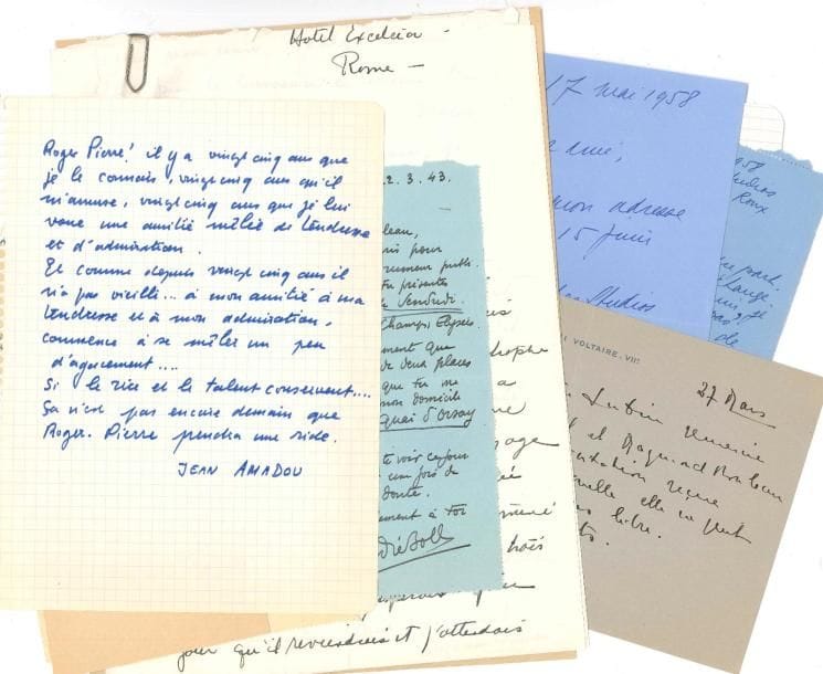 THEATRE. 20 lettres ou pièces, la plupart L.A.S. adressées à Roger Lauran, Claude Sainval ou Raymond Rouleau, à la Comédie des Champs-Élysées.
  Jean Amadou (texte sur Roger Pierre), Jean Anouilh, Radifé Harry Baur, André Boll, Suzanne Cloutier (au sujet d’Orson Welles), Michel Emer, Roger Feral, Pierre Fresnay, Philippe Hériat, Valentine Hugo, Germaine Lubin, Héléna Manson (2), René de Pont-Jest, Madeleine Renaud, Françoise Sagan (pour une interview avec Anna Karina), Jean Sarment, Monelle Valentin, Jean-Louis Vaudoyer, Georges Wague. Plus un texte dactyl. d’Anouilh à Edwige Feuillière.