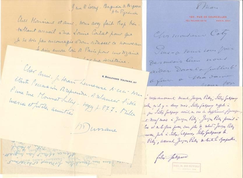 THEATRE ET SPECTACLE. 10 L.A.S. ou P.A.S., la plupart à Maurice Levaillant au Figaro, et 4 manuscrits autographes signés.
  Béatrix Dussane (3), Félix Galipaux, Yvette Guilbert, Louis Payen, Madeleine Roch (2), Jacques Rouché (carte de visite), Mme Segond-Weber, Jules Truffier (1 lettre, 4 manuscrits d’articles, plus un poème en tapuscrit corrigé).