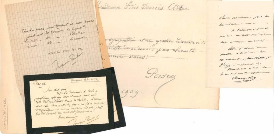 THEATRE. Environ 100 lettres ou pièces, la plupart L.A.S., XIXe-XXe siècle.
  Albert, Paul Amiot (4), Marguerite Arbel, Sylvanie Arnould-Plessy, Brigitte Auber, Jacques Baumer (8), Boutin de Beauregard, Jean Capin, Maurice Chambreuil, Céline Chaumont, Andrée de Chauveron, Jeanne Cheirel, Jean Chevrier (à Jacques Brel sur L’Homme de la Mancha), Adrien Decourcelle, Louis Delaunay, Fernand Depas, Suzy Dornac (3), Jacques Dumesnil, Maurice Escande, Frédéric Febvre (8), Floridor (4), Gilberte Géniat, Jacques Grétillat, Gustave Haller, Marcel Herrand (à Julien Bertheau), Charles Le Bargy, Maurice Lehmann, Georges Le Roy, François-Louis Lesueur, Mad Letty, Aurélien Lugné-Poe, André Marcon, Jane Marnac, Numa (avec liste de son répertoire), Gabrielle Naptal-Arnault, André Obey, Alix Pasca, Pauley, Marie-Thérèse Piérat (7), Eugène de Pradel, Jeanne Provost (3), Prud’hon, François-Joseph Regnier, Germaine Risse, Madeleine Roch, Saint-Aulaire, Charles Siblot, Cécile Sorel (3, plus une petite caricature aquarellée), Paul-Félix Taillade (3, une à Léautaud), Jules Truffier (3), Louis Verneuil, Gustave Worms, Jean Yonnel… On joint 10 photos de presse de Louis Solski et quelques portraits.