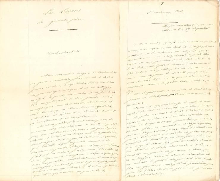 Jean-Henri FABRE (1823-1915) le grand entomologiste. Manuscrit autographe, Les Leçons du grand père ; 335 pages in-fol. en feuilles (fentes réparées à quelques feuillets).
  Important manuscrit complet et inédit, évoquant des souvenirs de jeunesse, et à usage pédagogique sur les sujets les plus divers.
  Fabre reprend ici la formule des « récits sur des sujets variés » rodée dans Aurore, « lectures courantes à l’usage des écoles » (1874) puis dans les divers « entretiens », « récits », « histoires » ou « causeries » d’Aurore ou de l’oncle Paul, dont on retrouve ici quelques sujets, touchant l’éducation, l’économie, l’instruction civique, la morale, l’histoire naturelle, l’économie rurale, la vie domestique, la physique, etc. L’Introduction présente les protagonistes : « Avec son ruban rouge à la boutonnière, sa grosse moustache grise, son air à a fois grave et bon, le capitaine Pierre est l’un des personnages marquants de son village, malgré le poids des années et la jambe de bois remplaçant sa bonne jambe laissée en Afrique sous les balles des Bédouins. Il sait beaucoup de choses, le vieux capitaine ; volontiers il répand à la ronde le fruit de ses études et de ses réflexions. Ses deux petits-fils sont venus passer les vacances chez lui, désireux de mettre à profit, pour leur instruction, le savoir du grand-père. André, l’aîné, aura treize ans aux prochaines vendanges. C’est un garçon laborieux, réfléchi, qui mûrit déjà sa pensée avant de la traduire en paroles. Plus jeune d’une paire d’années, Paul est un ardent questionneur. Il a l’étourderie de son âge, mais il compense ce léger défaut par bien des qualités. Tout les intéresse, les deux naïfs villageois, surtout quand le grand-père parle. Faisons comme eux : écoutons le vieux capitaine, qui nous apprendra un peu de tout ».
  Le manuscrit est soigneusement écrit d’une minuscule écriture qui remplit les pages, à l’exception d’une marge tracée au crayon. Les Leçons du grand père comprennent une brève Intro