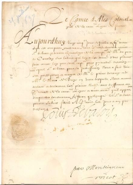 ANCIEN REGIME. 9 P.S. (une P.A.S), XVIe-XVIIIe siècle (mouillures à qqs pièces).
  Certificat de service auprès du maréchal de Biron, au siège d’Arras, etc., au nom d’Henri IV (1597). Laissez-passer pour 10 gentilshommes, cavaliers de la Compagnie du Général des galères, qui rentrent en France, signé par le prince d’Orange (Arnhem 1635). Laissez-passer à un tambour chargé de se rendre à Bapaume pour payer la rançon du S. d’Arras, signé par François de L’Hospital (Corbie 1636). P.S. par Louis de Valois, comte d’Alès, concernant un déserteur (1637). Quittance de Chasteaubriant pour le remboursement d’une rançon aux troupes de Piccolomini (Arras 1637). Certificat du marquis de Creil-Bournezeau pour un conscrit à la convocation du ban et arrière-ban (Orléans 1690). 2 brevets de commission de cornette et de lieutenant signés Louis XIV (secrétaire, 1708 et 1713, le 2e avec l.s. de service par le palatin de Dyo). Certificat de service signé par le comte de La Chèze (1773).
  On joint 3 imprimés : 2 requêtes Au Roy et Mémoire des Princes du Sang, pour répondre au mémoire instructif des Princes légitimez... (1717).