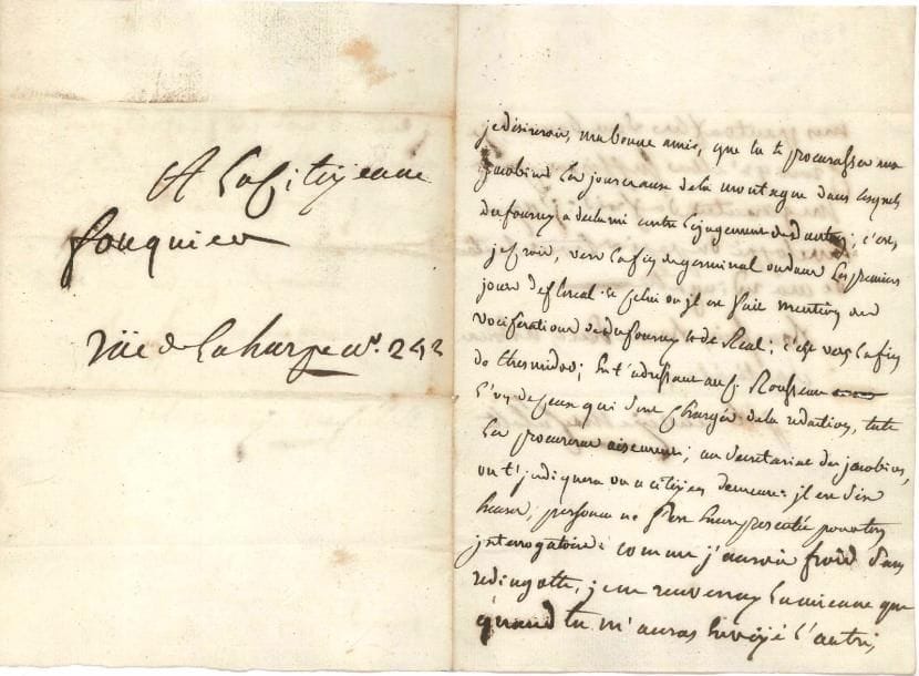 Antoine-Quentin FOUQUIER-TINVILLE (1746-1795) Accusateur public du Tribunal Révolutionnaire. L.A., [fin mars ? 1795], à sa femme « la Citoyenne Fouquier » ; 1 page et demie in-8, adresse. 
  Lettre de prison, alors qu’il prépare sa défense. [Le procès de Fouquier-Tinville, qui s’est constitué prisonnier après le 9 thermidor, et de ses 23 co-accusés du Tribunal révolutionnaire de la Terreur, aura lieu du 28 mars au 1er mai ; condamné à mort le 6 mai, il sera guillotiné le lendemain.]
  Il lui demande de se procurer « aux Jacobins les journaux de la Montagne dans lesquels Dufourny a declamé contre le jugement de Danton ; c’est je crois vers la fin de germinal ou dans les premiers jours de floréal. Et celui où il est fait mention des vociférations de Dufourny et de Real : c’est vers la fin de thermidor. En t’adressant au C. Rousseau l’un de ceux qui sont chargés de la redaction, tu te les procureras aisement ; au secretariat des Jacobins, on t’indiquera où ce citoyen demeure. Il est six heures, personne ne s’est encore presenté pour ton interrogatoire ». Il risque d’avoir froid sans redingote, et il ne la renverra que quand il aura reçu l’autre ; « mes pantoufles sont bonnes, je crois qu’elles suffisent à me garantir du froid… « Bon soir, bonne nuit, et bonne santé à tous. Je te renvoÿe ma culotte ».