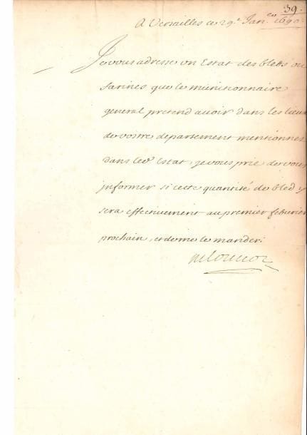 Michel Le Tellier, marquis de LOUVOIS (1641-1691) secrétaire d’État à la Guerre. L.S., Versailles 29 janvier 1690 ; demi-page in-fol.
  « Je vous adresse un estat des bleds ou farines que le munitionnaire general pretend avoir dans les lieux de vostre departement […], je vous prie de vous informer si cette quantité de bled y sera effectivement au premier febvrier prochain »…