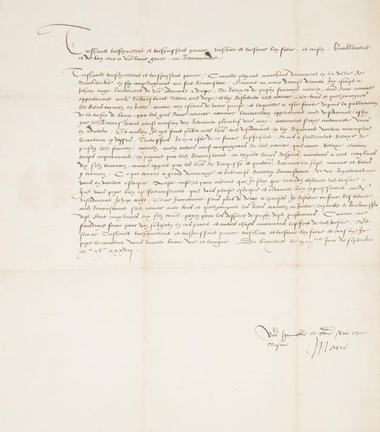 marie de hongrie (1505-1558) Archiduchesse d’Autriche, Infante d’Espagne, Reine de Hongrie et de Bohême par son mariage avec Louis II de Hongrie, elle gouverna les Pays-Bas espagnols pour son frère Charles-Quint. L.S. avec compliment autographe, Bruxelles 13 septembre 1538, à François Ier ; 1 page grand in-fol., adresse « A Treshault tresexcellent et trespuissant prince et mon treschier et tresamé bon frere et cousin, le Roy treschrestien ».
  Demande de libération d’un marin emprisonné à Dieppe.
  Sur la plainte de Cornille Ployart, marchand à Dunkerque, elle a écrit en août à Jehan Ango, lieutenant de l’amiral à Dieppe, de « relaxer de prison » François Meeulx, maître d’un navire appartenant à Ployart, détenu à Dieppe, et de « restituer ladite navire, avec tous et quelzconcques les biens trouvez en icelle, comme non estant de bonne prinse, et laquelle a este faicte depuis la publication de la tresve de Bomy, par les gens dune navire nommee l’Emereillon appartenant aud. Visadmiral, affin que led. remonstrant neust occasion den retourner plaintif vers moy »… On a seulement relaxé le prisonnier avec neuf compagnons de ce navire, le forçant à payer la somme de 105 livres 10 sols tournois, mais on a retenu le navire et ses biens. « Ce que tourne a grand dommaige et interrest duceluy remonstrant ». Elle somme le Roi d’observer les termes de la trève, et d’ordonner au vice-amiral Jehan Ango de restituer « sans plus de delay et excuses » le navire et ses marchandises, et de rembourser la somme exigée « pour les despens de prison desdits prisonniers »… Elle termine en signant de sa main : « Vre humble et bonne seur et cousine Marie ».