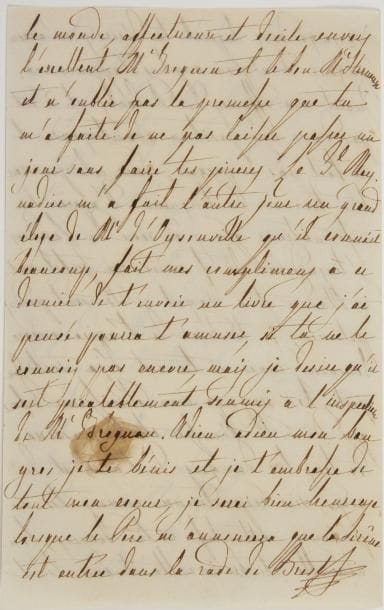 MARIE-AMÉLIE (1782-1866) Reine des Français, épouse de Louis-Philippe. L.A.S. (paraphe), Paris 13 août 1834, à son fils François d’Orléans, prince de Joinville ; 4 pages in-8 à son chiffre couronné.
  Belle lettre à son fils élève de l’École navale, sur le point d’embarquer sur la Syrène sous le commandement du comte d’Oysonville, pour Lisbonne et les Açores. « Mon bien cher enfant, le télégraphe nous a annoncé hier au soir que tu avois passé un brillant examen à l’admiration d’un nombreux auditoire, je t’en félicite du fond de mon cœur, le Père est accouru […] pour faire à haute voix la lecture de la dépêche télégraphique qui a causé une joie générale »… Suivent des nouvelles de la famille : Chartres est à Compiègne et au camp de Saint-Ouen ; Nemours arrivera le 20 ; le projet de voyage du Roi paraît abandonné ; la discussion à la Chambre sur l’Adresse pourrait se prolonger jusqu’au 22, « après cela je ne sais où nous irons, et si même nous irons du tout à la campagne. […] Quant aux affaires de D. Carlos il n’est pas dans une position avantageuse, il ne fait pas de progrès, mais cela pourrait bien traîner en longueur d’après les informations que j’ai reçu de Londres. J’hazarderai de t’écrire un petit mot à Madère et à Fayal […] mais si tu es déjà sorti du port, bon voyage mon chérissime enfant que Dieu te bénisse et te préserve de tous les dangers de l’âme et du corps »… Elle multiplie des conseils de conduite ; le général Meynadier lui a fait un grand éloge de M. d’Oysonville, « je serai bien heureuse lorsque le Père m’annoncera que la Sirène est entrée dans la rade de Brest »…