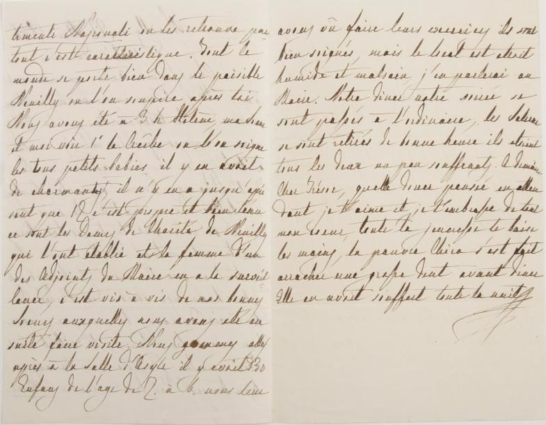 MARIE-AMÉLIE. 3 L.A.S. (paraphes), Neuilly 22 mai-1er septembre 1846, à Louis-Philippe ; 1 page et demie, 3 et 1 pages in-8 à son chiffre couronné.
  Belles et tendres lettres à son mari. 22 mai 8 h du matin. Elle a reçu à son réveil la bonne lettre de Dreux de son « chérissime trésor » : « J’aurais bien voulu entendre la grande messe avec toi et prier ensemble, ces belles cérémonies de Notre Sainte Religion font tant de bien à l’âme et le lieu étoit fait pour ajouter à la pieuse impression. […] Le temps est toujours pluvieux, cela m’afflige pour tes tournées de propriétaire. […] Je n’ai que le temps de t’embrasser de tout mon cœur comme je t’aime ». 22 mai 10 h ½ du soir. Elle est heureuse de le savoir bien rentré de sa promenade à La Ferté-Vidame, et raconte sa visite avec sa sœur [Adélaïde] et Hélène à la crèche établie par les Dames de Charité de Neuilly, où il y a de charmants « petits babies […] la femme d’un des adjoints du Maire en a la surveillance, c’est vis-à-vis de nos bonnes sœurs auxquelles nous avons été ensuite faire visite. Nous sommes allées après à la salle d’asyle il y avait 130 enfans de l’âge de 2 à 6. Nous leur avons vu faire leurs exercices ils sont bien soignés, mais le local est étroit humide et malsain, j’en parlerai au Maire. […] A demain cher Trésor »… 1er septembre 3 h. Mille grâces pour les papiers : « Nemours en a fait la lecture à ma sœur [Adélaïde] et à moi, et comme tous les Ministres le savent nous avons pensé qu’il était convenable que Nemours aille le communiquer à Hélène et il part pour St Cloud. J’expédie les papiers à Montpensier, pauvre enfant il sera bien secoué. Toute à toi de cœur et d’âme mon cher Trésor »…