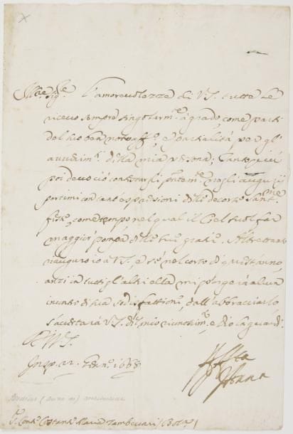 Anna de MEDICIS (1616-1676) Archiduchesse d’Autriche ; fille de Cosimo II Grand-Duc de Toscane, sœur de l’Empereur Ferdinand II, épouse (1646) de l’Archiduc Ferdinand-Charles d’Autriche, comte de Tyrol (1628-1662). L.S. « Anna » avec compliment autographe, Innsbruck 22 janvier 1668, au comte Costanzo Maria Zambeccari, à Bologne ; 1 page in-fol., adresse avec cachet de cire noire aux armes ; en italien.
  Réponse à des vœux pour le nouvel an.