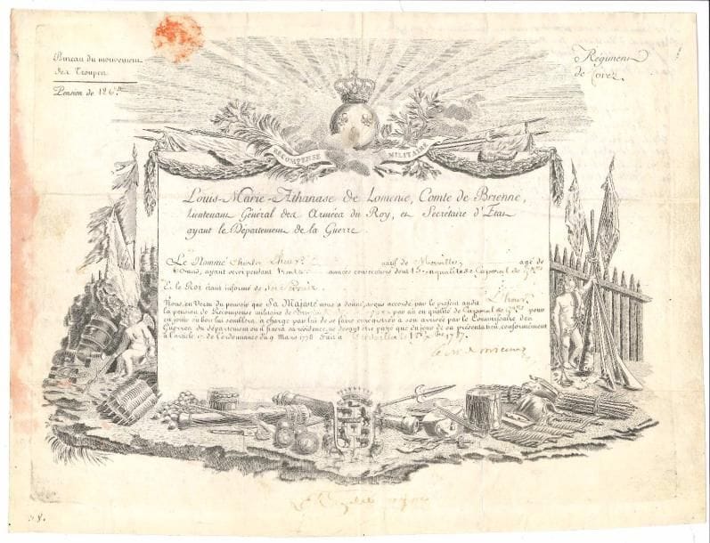 MILITAIRES. 15 lettres ou pièces, la plupart L.S. ou P.S., XVIIIe siècle, formats divers.
  Claude Antoine de Bésiade duc d’Avaray (l.a.s., Metz 1775), Jacques maréchal de Besons (1715, certificat avec sceau à ses armes), Louis de Bourbon comte de Clermont (1731), Louis-Marie comte de Brienne (Versailles 1787, brevet de récompense militaire), Louis-Georges maréchal de Contades (1788, arbitrage des maréchaux de France concernant le comte de La Poype), Victor-Marie maréchal duc d’Estrées (p.s. avec Louis-Alexandre de Bourbon comte de Toulouse, au conseil de Marine 1716), Yves-Marie comte de Maillebois (Valenciennes 1777), Philippe comte de Noailles (camp sous Haguenau 1743) puis maréchal duc de Mouchy (Bordeaux 1782), Jules comte de Polignac (Strasbourg 1780), Charles marquis de Sombreuil (1792), Louis duc de Vendôme (camp de Lowendeghem 1708), Claude-Louis-Hector maréchal duc de Villars (1718) ; et 2 certificats de services signés par les officiers du Régiment de Bourgogne (Neuf-Brisach 1774) et du Régiment du Perche (île de Ré 1789).