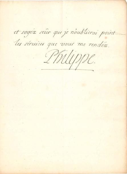 PHILIPPE V (1683-1746) petit-fils de Louis XIV, Roi d’Espagne. L.S., Marseille 29 novembre 1702 ; 2 pages et demie in-4.
  Content des services rendus par les galères et les vaisseaux du Roi, il remercie son correspondant et lui recommande en particulier « les intérésts du sr de Tincourt qui mérite par lüy mésme et par les sérvices que son frére me rend que je me souviénne de lüy. Je vous recommande aussi le Marquis d’Espennes, dont l’oncle m’a trés bien sérvi a Cadix, et le fils du sr d’Autigny dont j’ay oüi dire beaucoup de bien, qui est le plus ancién garde éstendart, et qui me sért actüéllement sur les galiotes. Vous m’obligeréz fort aussi d’avoir soin des intérêts de Moyencourt dont je süis très content, et qui m’a sérvi fort utilement a Cadix »…
  On joint une pièce rédigée par son secrétaire, « Noms des officiers que je recommande particuliérement, et que je souhaiterois qu’on pûst avancer » (3 pages in-4) ; plus 2 minutes de réponses.