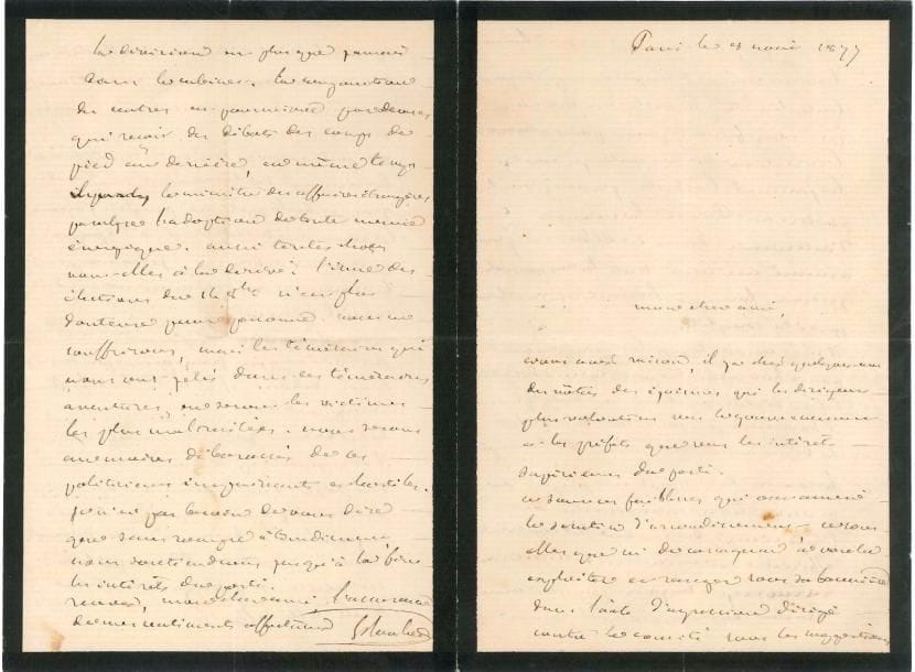 Eugène ROUHER (1814-1884) homme d’État, ministre. 2 L.A.S., 1877-1879, au baron Eschassériaux père, ancien député ; 5 pages in-8, enveloppes (deuil).
  Paris 8 août 1877 : « il y a dans quelques-uns des nôtres des égoïsmes qui les dirigent plus volontiers vers le gouvernement et les préfets que vers les intérêts supérieurs du parti. […] La division est plus que jamais dans le cabinet. La conjonction des centres est poursuivie par Decazes qui reçoit des Débats des coups de pied au derrière, en même temps le ministre des affaires étrangères paralyse l’adoption de toute mesure énergique. Ainsi toutes choses nouvelles à la dérive »… Leur parti pâtira des élections d’octobre, « mais les téméraires qui nous ont jetés dans des téméraires aventures en seront les victimes les plus maltraitées »… [27 septembre 1879] : « Je ne suis plus qu’un bonapartiste du passé, je n’appartiens plus au présent ou à l’avenir, non par indifférence mais par épuisement de mes forces. Je crois que la politique du Prince Jérôme est le silence et le louvoiement »…
  On joint 6 diplômes retraçant la carrière d’un avocat (1812-1842).