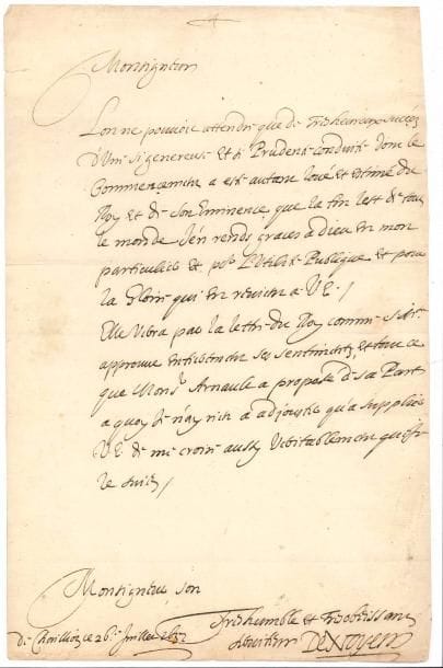François SUBLET de NOYERS (1588-1645) homme d’État, ministre de Louis XIII. L.A.S., Chovillion 26 juillet 1632, à Monseigneur ; 1 page in-fol. 
  Félicitations pour un succès politique auprès de Louis XIII et de Richelieu : « Lon ne pouvoit attendre que de tres heureux succéz d’une si genereuse et si prudente conduite dont le commencement a esté autant loué et estimé du Roy et de Son Éminence, que la fin lest de tout le monde. J’en rends graces à Dieu [...] et pour l’Utilité Publique et pour la gloire qui en revient à V. E. Elle verra par la lettre du Roy combien S. Mté approuve ses sentiments, et tout ce que Monsr Arnault a proposé de sa part »...