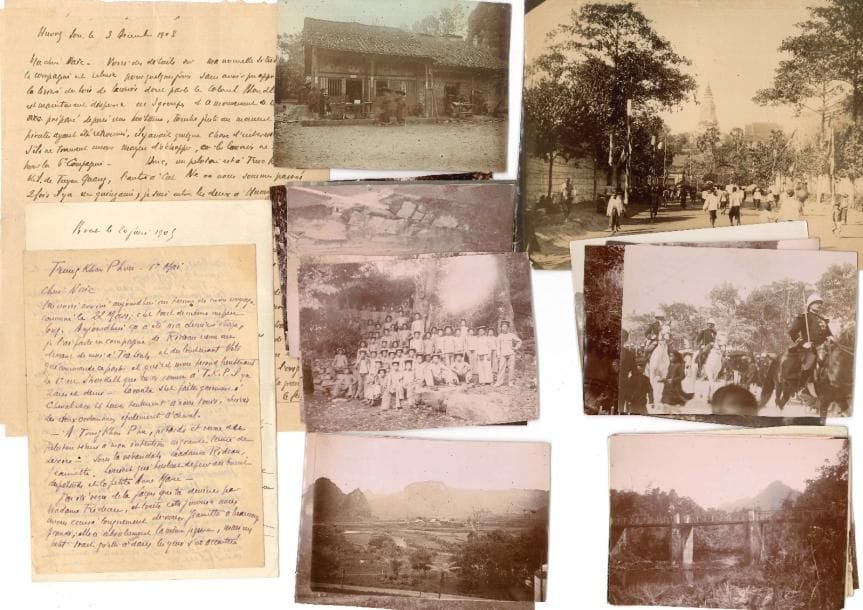 TONKIN. Environ 575 L.A.S. du capitaine Henri Collot (1866-1914) à sa fiancée, puis sa femme, née Anna Peltier (plus quelques lettres à des proches), et plus de 200 photographies, dont de nombreuses avec légendes ou commentaires autographes au dos, 1900-1914.
  Importante correspondance d’un capitaine en service au Tonkin, au 3e régiment de tirailleurs tonkinois, à sa femme restée à Brest (et brièvement, en 1908, au Tonkin, elle-même). Les documents sont datés de Gahn Ray, Ky-Phu, Thai Nguyen, Vy Xuyen, Huong-Son, Mo Trang, Trung Khanh Phu, Haiphong, Pac Muong, Lang-Son, Quang-Uyen, Tra-Linh, Cao-Bang, Ban Houan, Hanoï, etc., mais principalement de Trung Khanh Phu et de 1912 (plus de 170) ou 1913 (plus de 210). Le capitaine raconte à son épouse des détails de la traversée ; ses missions militaires ou administratives dans les villages de haute montagne (décor « dantesque ») ; un premier coup de fusil, des embuscades et changements de commandement (« Pourvu que les Réformistes nous fichent la paix ») ; l’installation d’un poste à Yen Thé-Pagode, intermédiaire entre Chogo et Mo Trang ; des nouvelles et rumeurs concernant De Thám, chef de l’insurrection nationaliste, leurs embuscades et accrochages ; des attaques de partisans, et leurs prises (des prisonniers, le beau-père de De Thám) ; le scandale d’un massacre de lépreux ordonné par des mandarins chinois (« il y a fort peu de temps qu’on ne massacre plus les lépreux en Annam, probablement depuis notre arrivée ») ; l’exploration de routes et rivières ; la lassitude de la campagne et du climat énervant ; des souvenirs et cadeaux (dont un singe, avec laissez-passer pour le coolie)… En 1913, le capitaine commence le décompte des jours jusqu’à son retour en France, lequel a lieu en 1914, après délivrance, en mai, à Bac-Ninh, d’un certificat médical constatant qu’il est atteint de « fièvre et anémie paludéennes »… [Capitaine du 23e R.I. coloniale, il périra à la première bataille de la Marne, le 6 septembre suivant.] On 