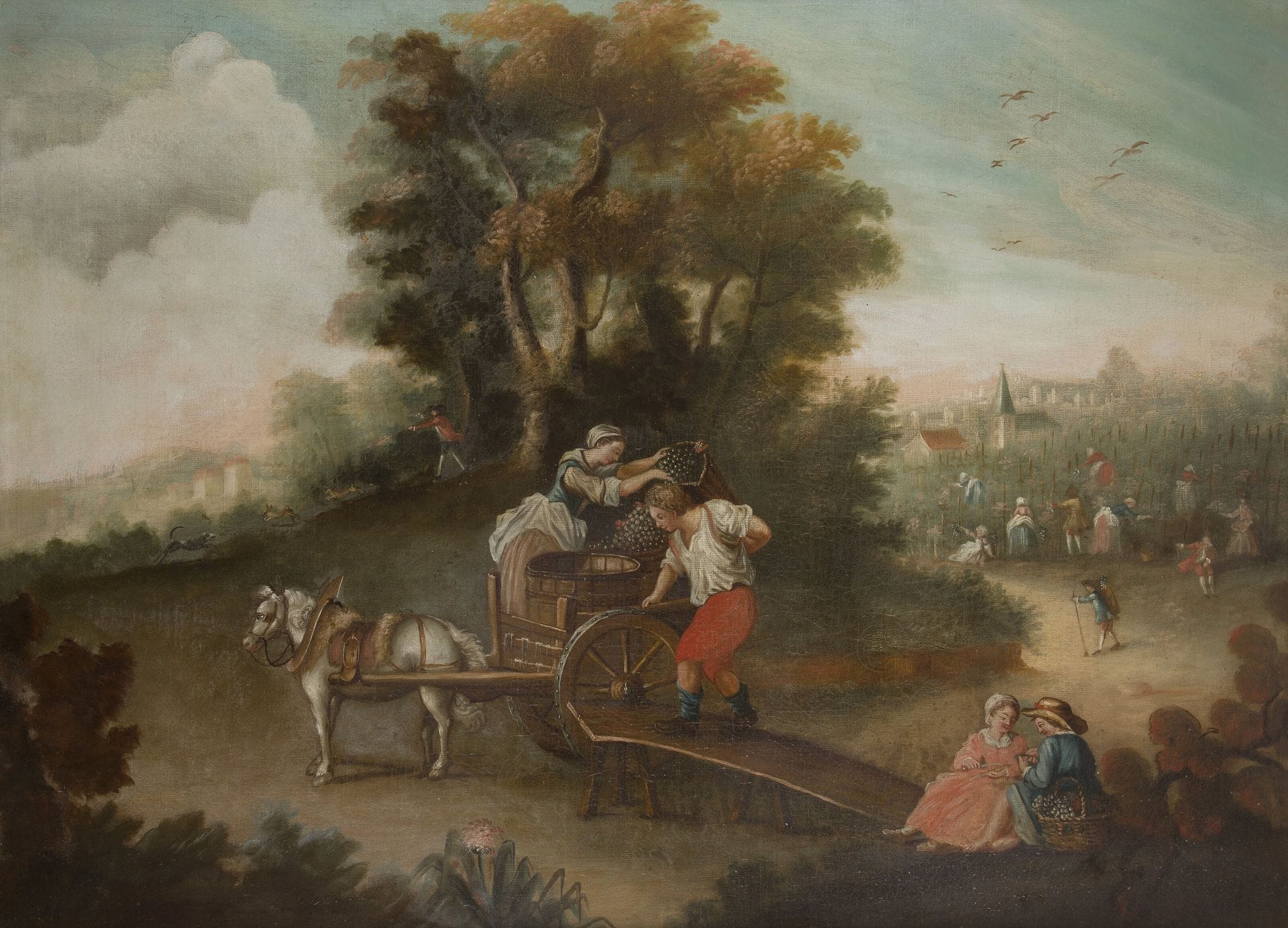 École FLAMANDE du XVIIIe siècle
Les vendanges
Toile 
90 x 123 cm
Restaurations anciennes 
Dans une baguette Bérain collée sur le châssis