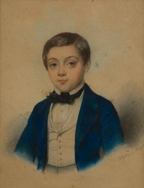 Angélique MEZZARA (?-1868)
Portrait de jeune garçon à la veste bleue
Technique mixte sur papier 
27 x 21 cm
(piqûres)