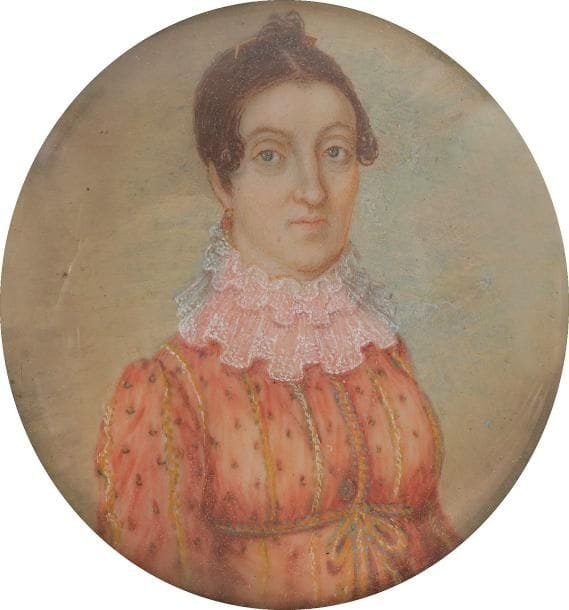 Portrait de femme en robe orange à pois et à triple collerette de dentelle
Miniature du début du XIXe siècle, diam. à vue 6,3 cm
Trace de signature à gauche, datée à droite : an 9 [1800]
Cadre noir rect. 12,2 x 12,1 cm
(Manque joint d’artiste au bord gauche)