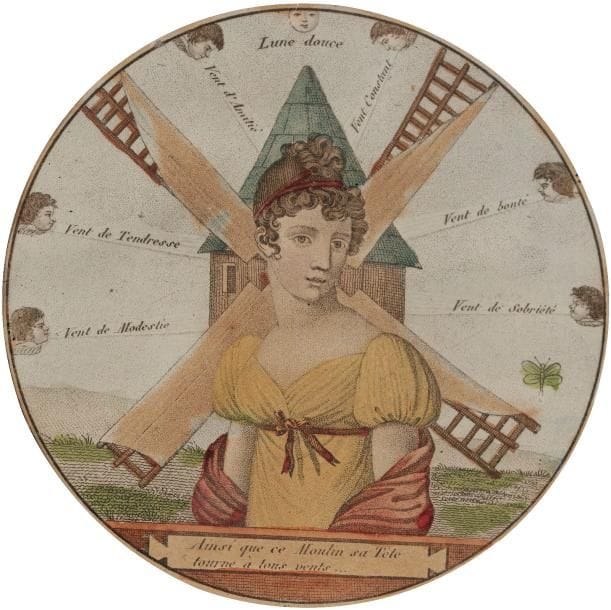 « Ainsi que le Moulin sa tête tourne à tous vents »
Femme en robe Empire, tournant sa tête en fonction des vents de modestie, tendresse, constant etc.
Amusante gravure en couleur, format miniature, sous bordure de verre églomisé et cadre métallique, XIXe siècle, diam. total : 9,4 cm