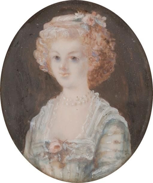Jeune Femme en bergère coiffée d’un chapeau de paille, vue à mi-corps tenant un bâton décoré de fleurs et d’un ruban bleu
Miniature ovale vernie du XVIIIe siècle, à vue 6,2 x 4,5 cm, dans un cadre du XVIIIe siècle en laiton doré et moulé sur âme de bois, ovale 10,3 x 8 cm
On y joint 4 portraits féminins en miniatures ovales du XIXe siècle, hauteurs totales encadrées 6,9 cm ; 7 cm ; 8,3 cm ; 9,9 cm ; (une fendue avec mouillures ; une restaurée dans les fonds ; une avec cadre en laiton doré surmonté d’un nœud enrubanné)