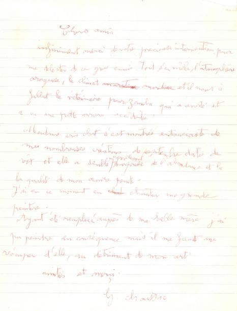Gaston CHAISSAC (1910-1964). L.A.S. avec dessin, [Vix automne 1960 ?], à des « Chers amis » ; 1 page in-4 au stylo rouge, dessin au verso sur toute la page.
Il remercie ses amis de leur « précieuse intervention pour me délester de ce gros ennui. Tout s’en mêle, l’atmosphère orageuse, le climat maritime »… Iris Clert « s’est montrée entousiaste de mes nombreuses créations de septembre datées de Vix et elle a semblé agréablement surprise de l’abondance et la qualité de mon œuvre peinte. J’ai en ce moment en chantier une grande peinture. Ayant été remplacé auprès de ma belle-mère j’ai pu peindre en conséquence mais il me faut me réocuper d’elle, au détriment de mon art »… [C’est en 1960 que Chaissac prend contact avec Iris Clert, qui lui organisera en octobre 1961 sa première grande exposition personnelle dans sa galerie du Faubourg Saint-Honoré, intitulée Le monde fabuleux de Gaston Chaissac.]
Au dos de la lettre, grand dessin au stylo rouge d’un personnage-animal.