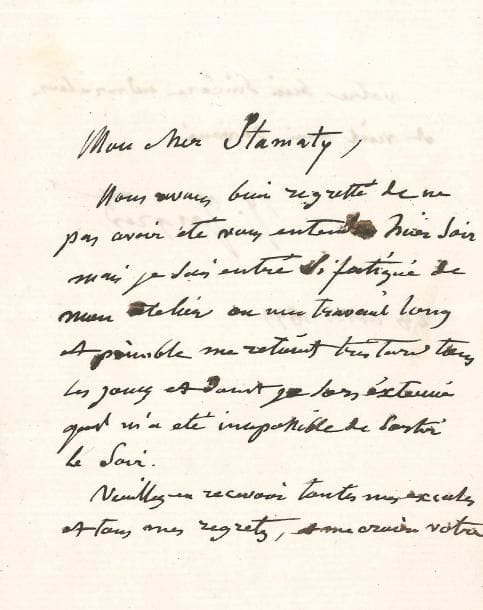 Jean-Dominique INGRES (1780-1867). L.A.S., Paris 28 avril 1849, au pianiste Camille Stamaty ; 1 page et demie in-12.
Il regrette de n’avoir pu aller l’entendre la veille, « mais je suis rentré si fatigué de mon atelier où un travail long et pénible me retient très tard tous les jours et dont je sors exténué qu’il m’a été impossible de sortir le soir »…
[Ingres connaît depuis son enfance le pianiste et compositeur Camille-Marie Stamaty (1811-1870), qui figure, âgé de sept ans, sur le célèbre dessin représentant la famille Stamaty ; sa sœur aînée Pauline-Atala fut l’élève d’Ingres.]