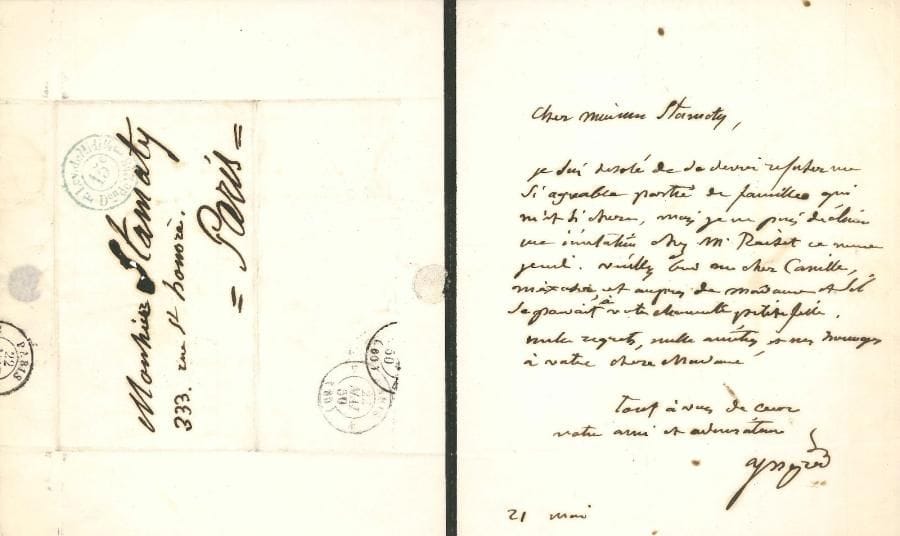 Jean-Dominique INGRES. 2 L.A.S., [Paris 1850], au pianiste Camille Stamaty ; 1 page in-8 chaque (petit deuil), une adresse.
Mercredi 6 mars [1850]. Il ne peut venir à son concert ce soir : « un rhume très violent qui me donne la fièvre me force à garder ma chambre et le lit » ; il l’assure de son attachement et de son admiration.
21 mai [1850]. Il regrette de « devoir reporter une si agréable partie de famille qui m’est si chère, mais je ne puis décliner une invitation chez M. Reiset ». Il prie de l’excuser auprès de sa femme et de sa petite fille… 