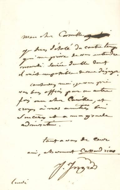 Jean-Dominique INGRES. L.A.S., lundi, au pianiste Camille Stamaty ; 1 page petit in-8.
Il regrette le « contretemps qui me prive de vous entendre mardi ; soirée double dont il m’est impossible de me dégager » ; il lui adresse ses amitiés et son admiration : « Tout à vous de cœur ami, charmant Cassandrius ».
On joint une L.S. au même, où Ingres dit ne pouvoir sortir : je garde la chambre pour soigner mes yeux malades »... (1 p. in-8).