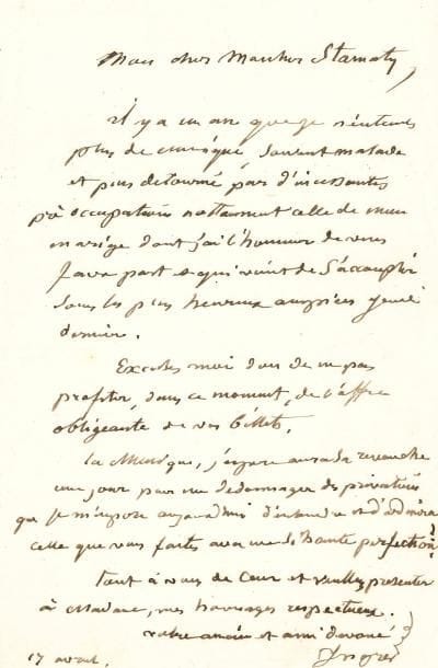 Jean-Dominique INGRES. L.A.S., Paris 17 avril [1852], au pianiste Camille Stamaty ; 1 page in-8.
Sur la musique et sur son remariage [Ingres épouse le 15 avril 1852, en deuxièmes noces, Delphine Ramel].
« Il y a un an que je n’entends plus de musique, souvent malade et puis détourné par d’incessantes préoccupations nottament celle de mon mariage dont j’ai l’honneur de vous faire part et qui vient de s’accomplir sous les plus heureux auspices jeudi dernier ». Il regrette « de ne pas profiter, dans ce moment de l’offre obligeante de vos billets. La Musique, j’espère, aura sa revanche un jour pour me dédommager des privations que je m’impose aujourd’hui d’entendre et d’admirer celle que vous faites avec une si haute perfection ! »… 
Pablo PICASSO : voir n° 216.