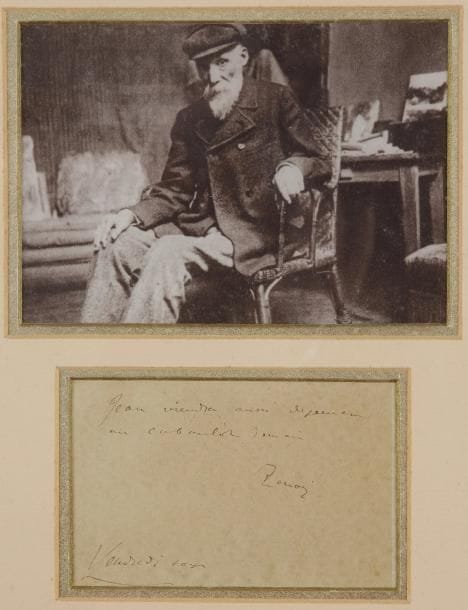 *Auguste RENOIR (1841-1919). L.A.S., Vendredi soir [27 novembre 1896], à Teodor de Wyzewa ; 1 page obl. in-12 (carte postale), adresse au verso (encadrée avec portrait photographique).
« Jean viendra aussi déjeuner au Caboulot demain »...