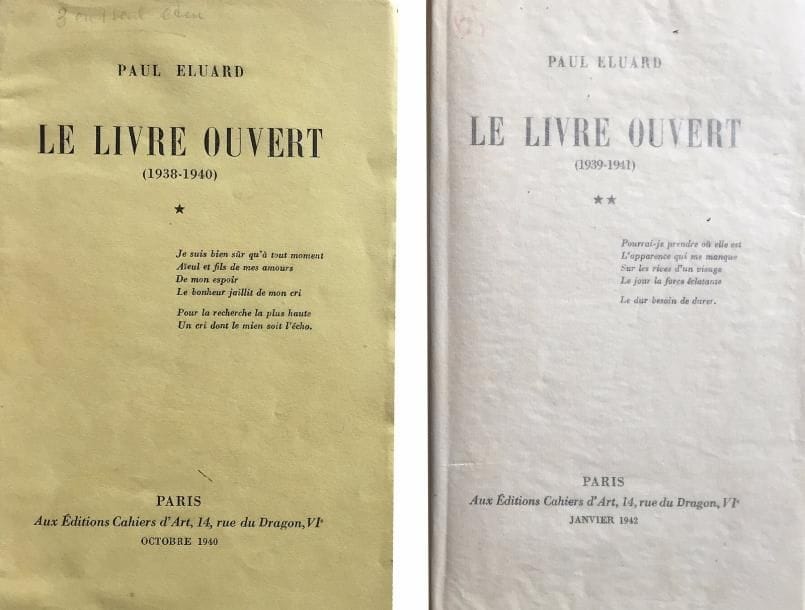 Paul ÉLUARD. Le Livre ouvert I 1938-1940 ; II 1939-1941 (Éditions Cahiers d’Art, octobre 1940 et janvier 1942) ; 2 volumes in-12, brochés, sous chemise et étui.
ÉDITIONS ORIGINALES, un des 250 exemplaires (I) et des 500 (II) exemplaires sur papier hélio.
   ENVOI autographe sur le faux-titre du premier volume : « A Francis Poulenc de tout mon cœur, Paul Eluard ».
   POEME autographe signé, Les excellents moments, dédié « à Francis Poulenc » sur les feuillets de garde du second (manuscrit du poème publié dans le recueil, où il est en effet dédié à Francis Poulenc), sonnet inversé (14 vers : 2 tercets suivis de 2 quatrains) :
 « De velours et d’orange la maison sensée
D’argent détruit de cuir de planches
La maison accueillante »…