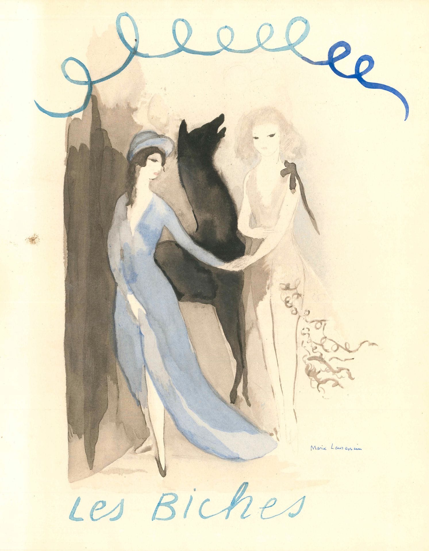 [Francis POULENC]. Théâtre Serge de Diaghilew. Les Biches. Marie Laurencin, Jean Cocteau, Darius Milhaud, Francis Poulenc (Éditions des Quatre Chemins, 1924) ; 2 vol. in-4 brochés sous étui commun d’éditeur, couvertures rempliées illustrées en couleurs par Marie Laurencin (en partie débrochés).
Exceptionnel exemplaire de Francis Poulenc, signé par ses collaborateurs.
Le ballet Les Biches, sur la musique de Francis Poulenc, chorégraphié par Bronislava Nijinska, avec rideau, décor et costumes de Marie Laurencin, fut créé par la troupe des Ballets Russes sur le Théâtre de Monte-Carlo le 6 janvier 1924.
Tirage original à 335 exemplaires, un des 75 hors commerce numéroté en chiffres romains sur vélin d’Arches (n° LXXII).
Le premier volume contient le portrait par Jean Cocteau de Nijinska avec sa signature autographe : « B. Nijinska 1924 » ; un texte de Jean Cocteau, sur Les Biches avec envoi autographe : « à Francis [cœur] Jean 1924 » ; un texte de Darius Milhaud sur Poulenc avec envoi autographe : « à mon cher Francis ce témoignage encore bien au dessous de mon admiration et de mon affection Darius Milhaud 1924 » ; la reproduction de 14 dessins et peintures par Marie Laurencin en couleurs et en hors texte, dont le portrait de Francis Poulenc, avec envoi autographe : « à mon petit Francis sa vieille vieille grand-mère peintre Marie Laurencin ».
Le deuxième volume, consacré à la « réalisation scénique », s’ouvre en frontispice par un portrait de Marie Laurencin par Man Ray, et donne 23 planches photographiques par Georges Detaille des danseurs. En tête, 19 signatures autographes des artistes du ballet : Léon Wojcekowski, Lydia Sokolova, Lubov Tchernicheva, Anatol Vilzak, Nicolas Zvereff, Ninette de Valois, Alice Nikitina, Felia Doubrovska, Maikerska, Vera Nemtchinova (« Avec mes meilleurs remerciements. Je me souviendrai toujours de votre ballet Les Biches »), Maria Zalewska, Vera Rosenstein, Tatiana Chamié, Anna et Lubov Soumarokova, H. Komarova, Alice All
