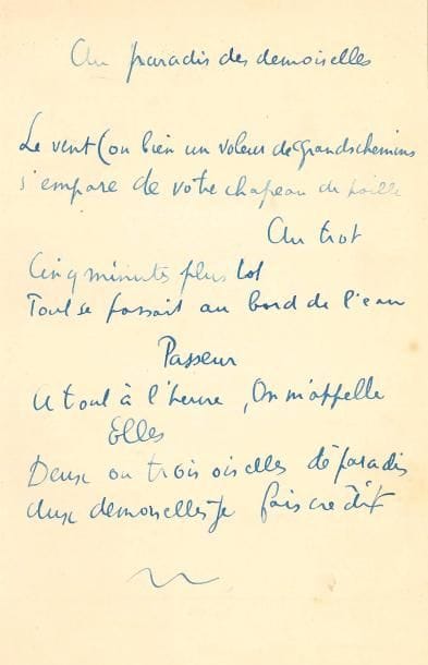Raymond RADIGUET. Les Joues en feu, poëmes, ornés de quatre images dessinées et gravées au burin par Jean Hugo (Imprimerie François Bernouard, 1920) ; in-4, reliure vélin teinté en vert, couverture conservée.
Édition originale tirée à 101 exemplaires, un des 85 sur papier vergé d’Arches à la forme (n° 83).
Avec le manuscrit autographe du poème Au paradis des demoiselles (1 page in-8).