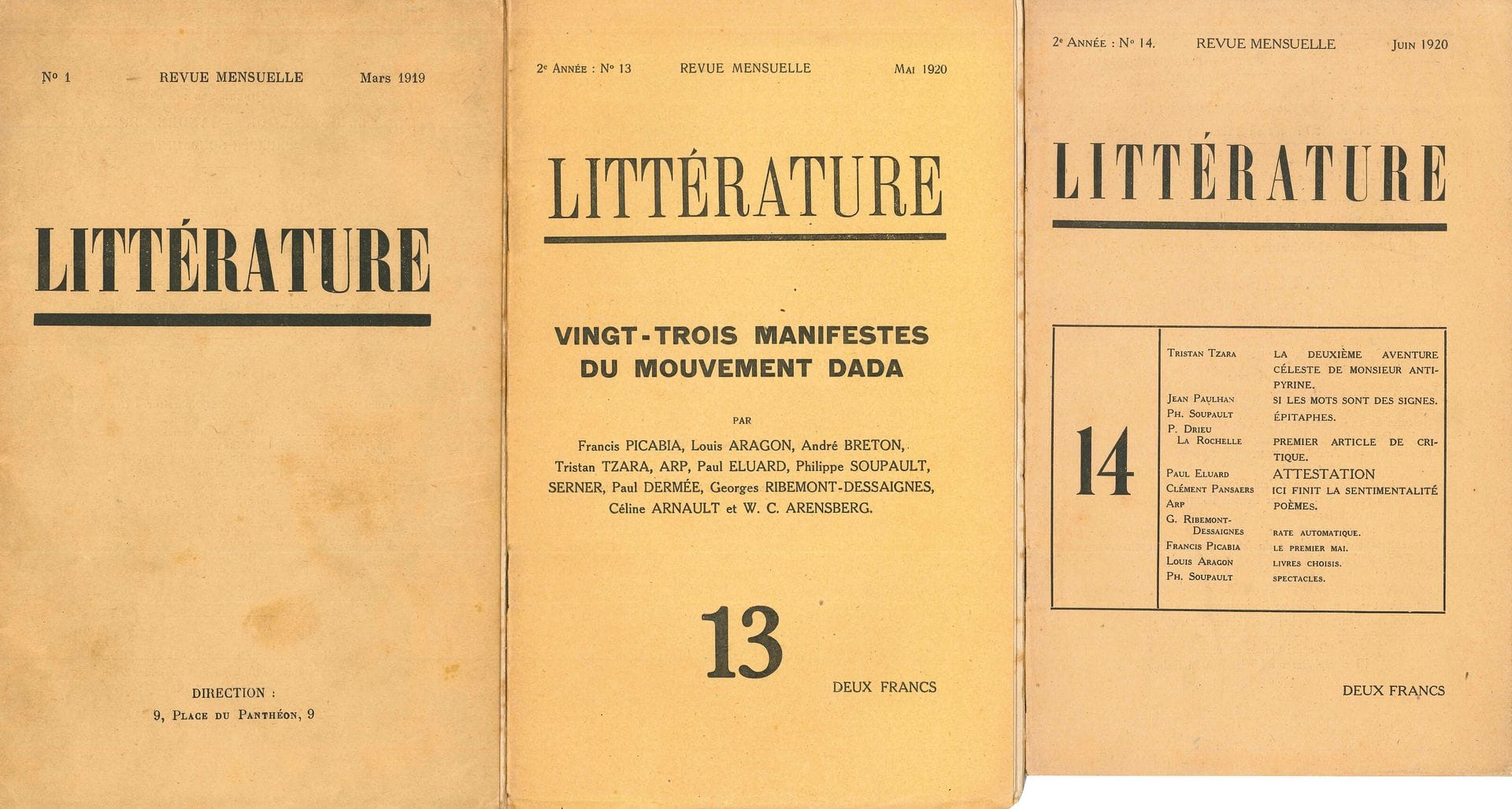 SURRÉALISME. Littérature. Du n° 1 (mars 1919) au n° 14 (juin 1920). Brochures in-8, couvertures imprimées, sous chemise et étui.
Revue mensuelle dirigée par Aragon, Breton et Soupault ; les 14 premiers numéros (sur 20) de cette revue (Paris, mars 1919-juin 1920). Le n° 13 publie 23 manifestes du mouvement Dada.