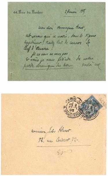 Jules RENARD (1864-1910). L.A.S., Paris 2 février 1895, à Jules Huret ; 1 page et demie oblong in-12 à son adresse 44, Rue du Rocher, enveloppe.
« Est-ce vous qui ce matin, dans Le Figaro supplément, traitez Poil de carotte de chef-d’œuvre ? Je ne vous en veux pas. Et même je vous félicite de votre petite chronique des lettres. Voilà une trouvaille. Ah ! vous le connaissez, le faible des hommes de lettres ! »… On joint une L.A.S. de Jules Huret à Jules Renard, Paris 27 novembre 1908, remerciant avec enthousiasme pour Ragotte : « Quelle pitié, quelle sensibilité délicate et profonde ! »...