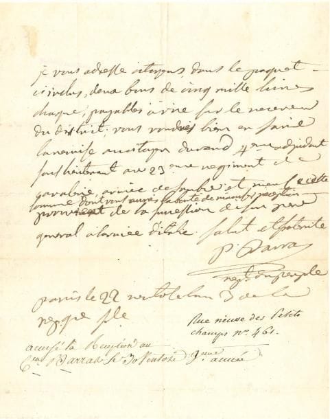 Paul Barras (1755-1829) homme politique, conventionnel (Var), membre du Directoire. L.A.S. comme « rep[résentan]t du peuple », Paris 22 ventose III (12 mars 1795), à des citoyens ; 1 page in-4 (cachet de la collection Max Thorek au verso).
Il envoie « deux bons de cinq mille livres chaque, payables à vue sur le receveur du district », à remettre au citoyen Durand, « 4ème adjudant sous lieutenant au 23ème régiment de cavalerie, armée de Sambre et Meuse. Cette somme […] provient de la succession de son père général à l’armée d’Italie »… [François-Marie Durand (1741-1794)].
On joint une L.A.S., Paris 6e complémentaire VII (22 septembre 1799), invitant à remettre au porteur « les pièces que vous m’annoncés être d’un interest majeur, à la republique, au gouvernement et à moi en particulier »… (1 p. in-4 avec ratures et corrections).