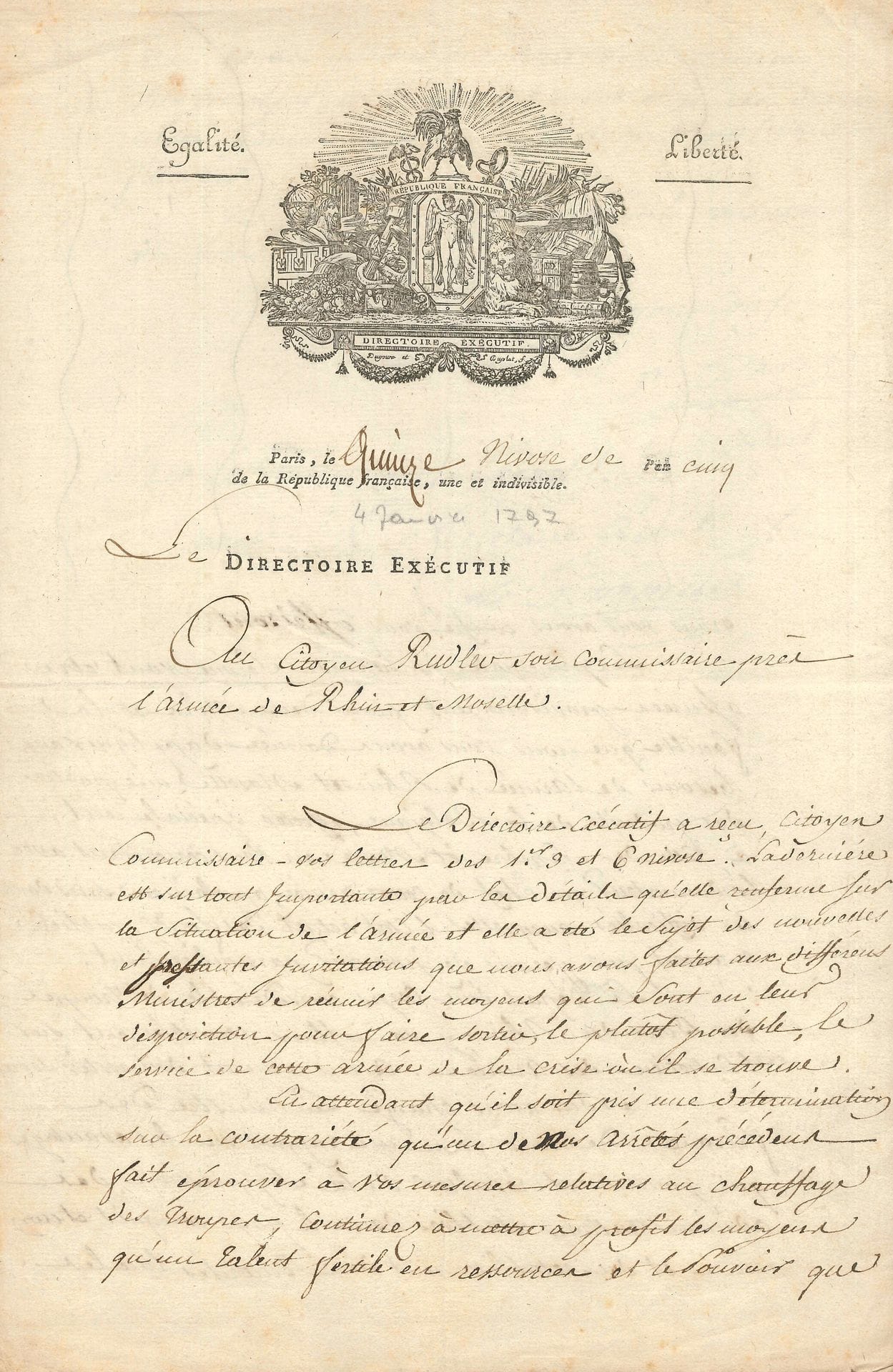 Paul Barras (1755-1829) homme politique, conventionnel (Var), membre du Directoire. P.S. comme « président » du Directoire, Paris 15 nivose V (4 janvier 1797), au citoyen Rudler, sous-commissaire près l’Armée de Rhin-et-Moselle ; contresignée par le secrétaire général Le Tourneur ; 2 pages et demie in-fol., vignette et en-tête du Directoire exécutif.
La lettre de Rudler au Directoire, importante pour les détails donnés sur l’armée, a provoqué de nouvelles démarches auprès des ministères pour faire sortir le service de cette armée de « la crise où il se trouve […] Les principales parties du service vont être assurées provisoirement pour deux mois et la faculté que nous vous avons donnée d’appliquer aux besoins de l’armée de Rhin et Moselle une partie des produits de la Belgique, affectés spécialement à celle de Sambre et Meuse, en vous concertant avec l’ordonnateur en chef de cette armée, applanira sans doute les difficultés […] Le départ d’un corps considérable de troupes des bords du Rhin y va influer sensiblement sur l’entretien des armées. Ce mouvement doit rester secret. Nous avons chargé le ministre des finances de nous faire un rapport sur les avantages qui pourraient résulter de la suppression des administrations établies dans le pays conquis et non réuni et du rétablissement des autorités locales »…