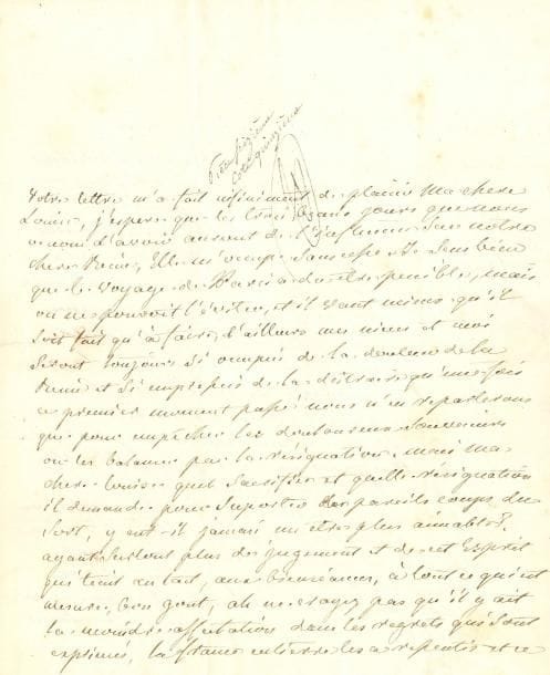Jeanne Louise Genet, Madame CAMPAN. L.A.S., [Écouen 18 septembre 1813], à Mlle Louise Cochelet, « Lectrice de S.M. la Reine Hortense » à Paris ; 2 pages et demie in-4, adresse (petite déchirure par bris de cachet).
Belle lettre sur son ancienne élève la Reine Hortense, qui venait d’être très affectée par la mort accidentelle (10 juin) de sa dame d’honneur Adèle de Broc, née Auguié, nièce de Mme Campan.
« Votre lettre m’a fait infiniment de plaisir ma chère Louise, j’espère que les trois beaux jours que nous venons d’avoir auront de l’influence sur notre chère Reine. Elle m’occupe sans cesse. Je sens bien que le voyage de Paris a dû être pénible, mais on ne pouvoit l’éviter, et il vaut mieux qu’il soit fait qu’à faire. D’ailleurs mes nièces et moi seront toujours si occupées de la douleur de la Reine et si empressées de la distraire qu’une fois ce premier moment passé nous n’en reparlerons que pour empêcher les douloureux souvenirs ou les balancer par la résignation. Mais ma chère Louise quel sacrifice et quelle résignation il demande pour suporter de pareils coups du sort, y eut-il jamais un être plus aimable ? ayant surtout plus de jugement et de cet esprit qui tient au tact, aux bienséances, à tout ce qui est mesure, bon gout, ah ne croyez pas qu’il y ait la moindre affectation dans les regrets qui sont exprimés, la France entière les a ressentis et ce n’est pas dans ce cas qu’on a joué le sentiment de la douleur, ce n’est pas une raison pour ne pas se résigner et croyez que la Psse y eut beaucoup de force. Elle ne se plaint point de la lettre reçue à 3 heures de la nuit et qui dans certains moments de la santé des femmes pouvoit la tuer. […] un pareil événement mérite une grande indulgence, une sœur est la plus grande amie »... Elle parle de Mme Gamot (l’aînée de ses nièces, sœur d’Adèle), puis recommande : « ne croyés pas ce qu’on vous dit, vous êtes dans le pays des ondit les plus funestes, il faut y fermer les oreilles. Que de choses à dire sur ce pays !